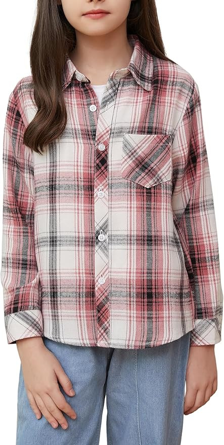 Betusline Girls' Flannel Plaid Shirt Button Down Long Sleeved Shirts | Amazon (US)