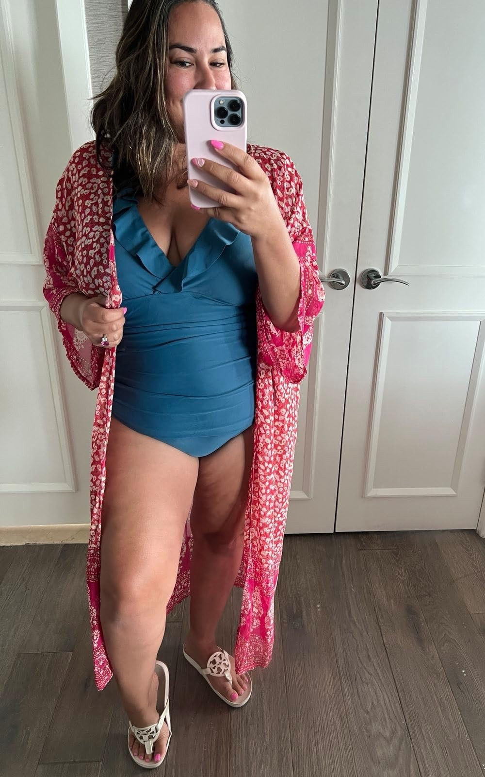 Stunning spring break swimsuit option. I love that the ruffles detract attraction from my tummy and this blue color is absolutely stunning. This kimono is my favorite as a swim coverup or with jeans for an adorable accessory for the spring. I’m tagging some look for less sandals that are affordable and great quality! 
Spring break outfit inspo, mom approved swimwear, midsize swim options, Amazon spring break finds 

#LTKMidsize #LTKSeasonal #LTKOver40