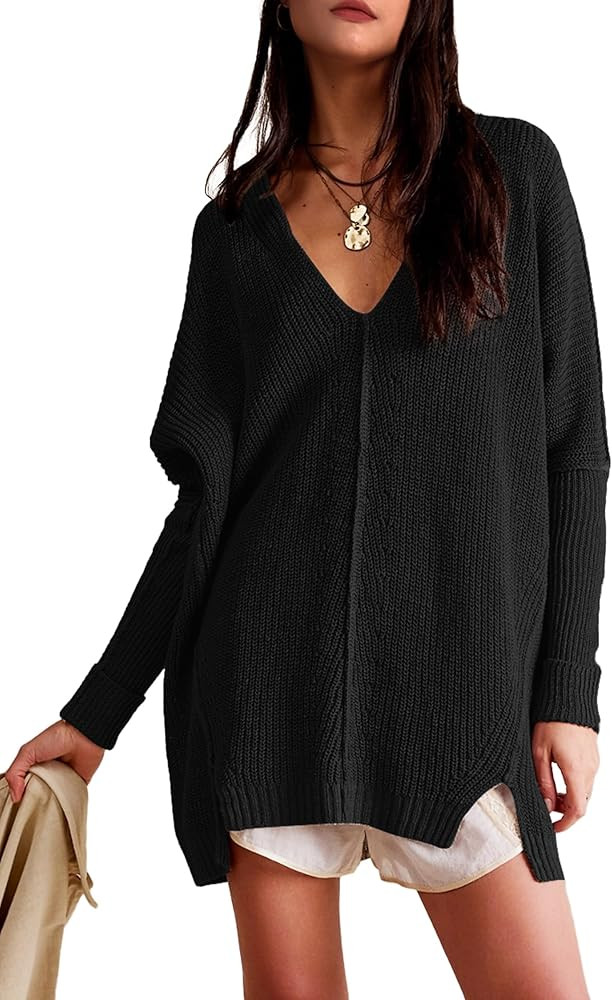SuperPrity Womens Sweaters V Neck Long Sleeve 2024 Fall Oversized Front Slit Knit Pullover Sweate... | Amazon (US)