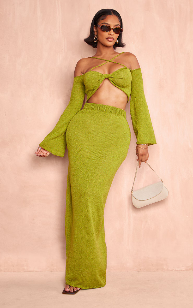 Shape Olive Knit Low Rise Maxi Skirt | PrettyLittleThing US