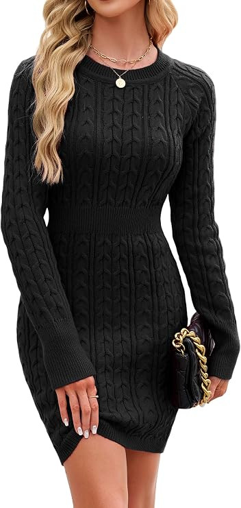 ZAFUL Womens Sweater Dress Cable Knit Crew Neck Bodycon Fall Winter Dress | Amazon (US)
