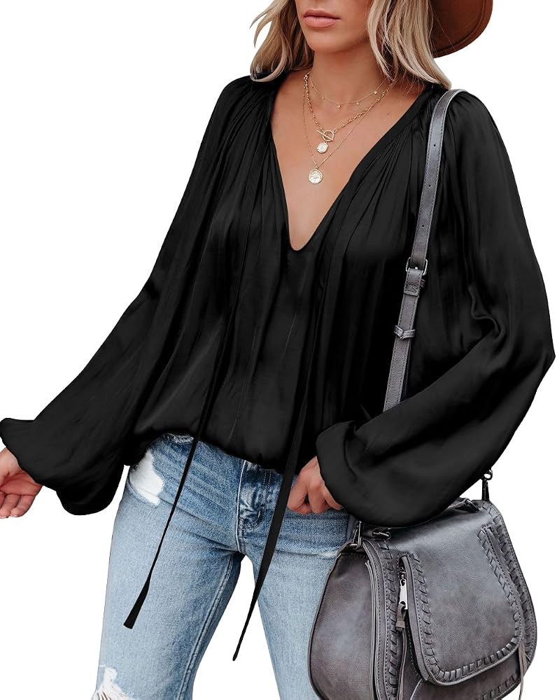 LAMISSCHE Womens Sexy Deep V Neck Blouse Bell Long Sleeve Satin Flowy Tops | Amazon (US)