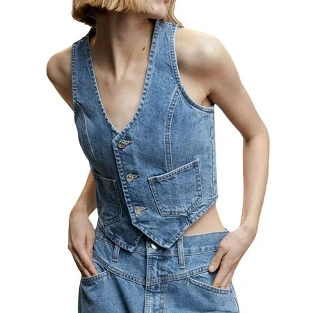 Sunisery Women Denim Camisole Corset Bustier Zip Up Crop Tank Tops Button Down Vest | Walmart (US)