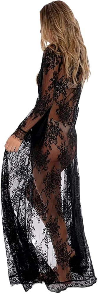 Women Sexy Long Lace Dress Sheer Gown See Through Lingerie Kimono Robe Swimsuit Cover Up | Amazon (US)
