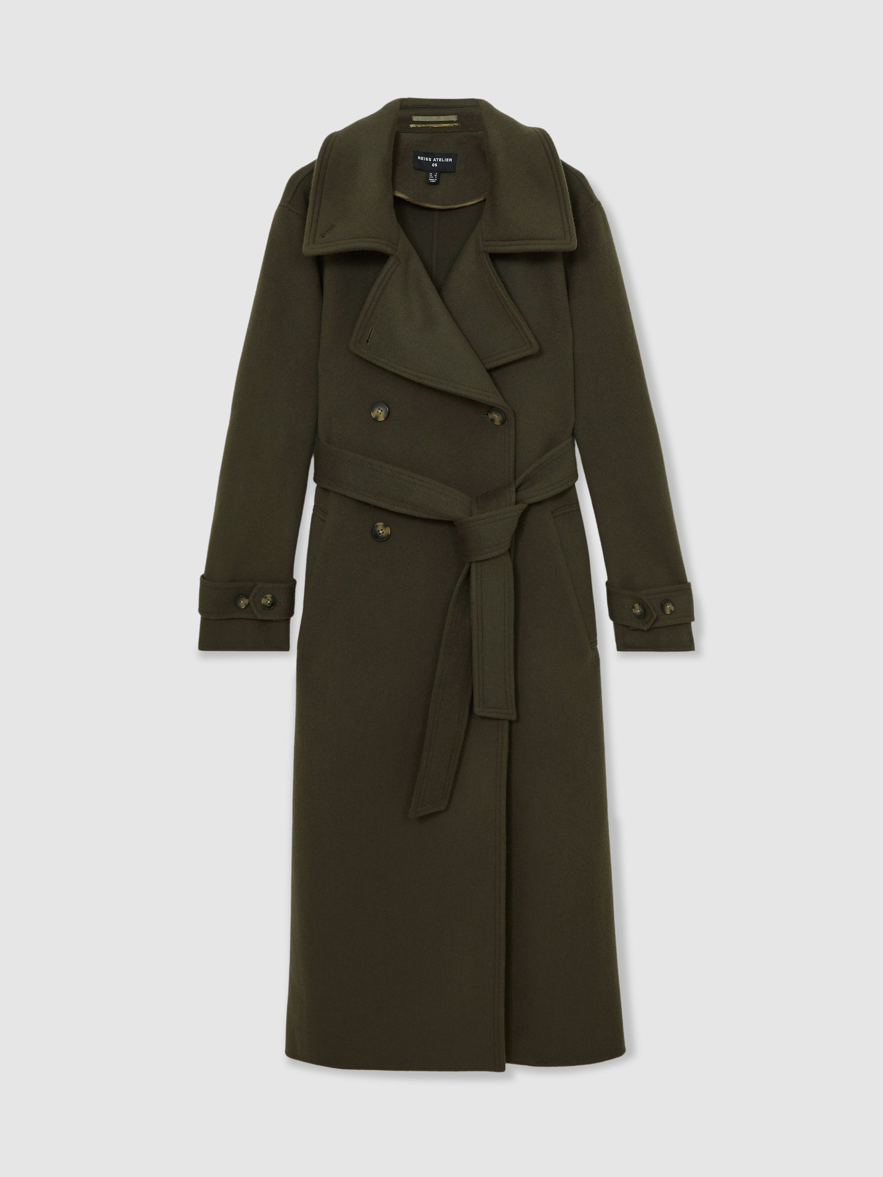 Atelier Wool Belted Blindseam Coat in Khaki | Reiss UK