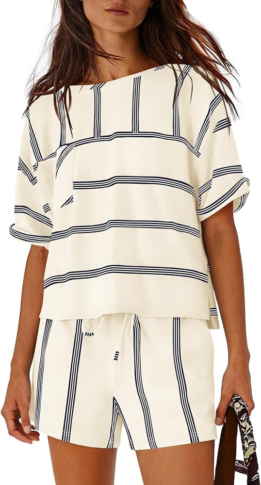 Nirovien Womens Striped Lounge Set 2 Piece Vacation Outfits Short Sleeve Tops and Drawstring Shor... | Amazon (US)