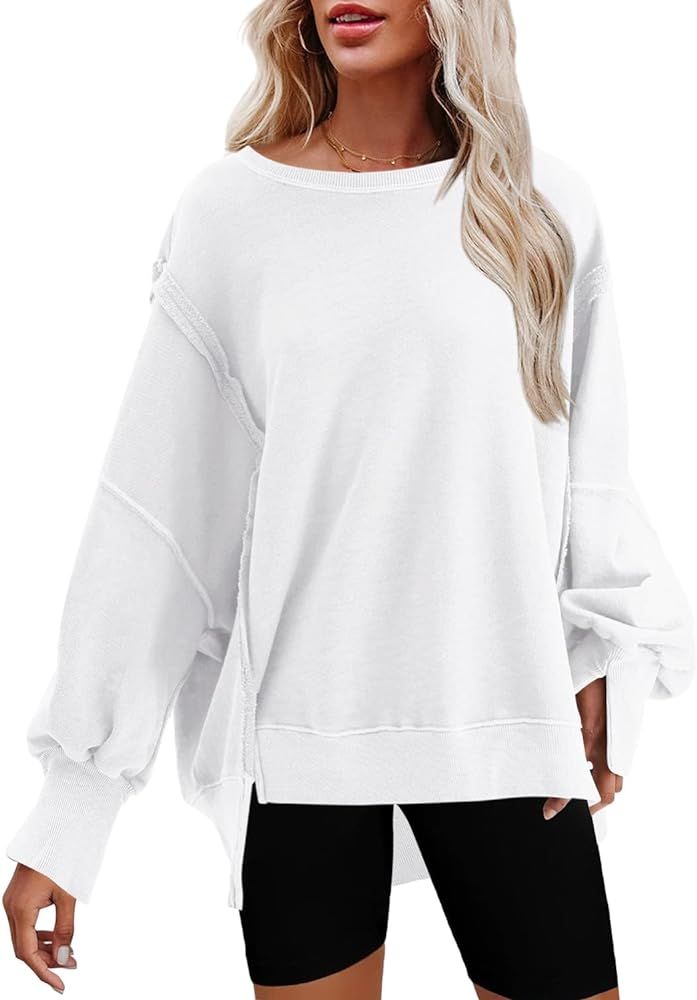 Bornpom Oversized Sweatshirt Crewneck Sweatshirts Long Sleeve Shirts Slit Pullover Top Solid Colo... | Amazon (US)
