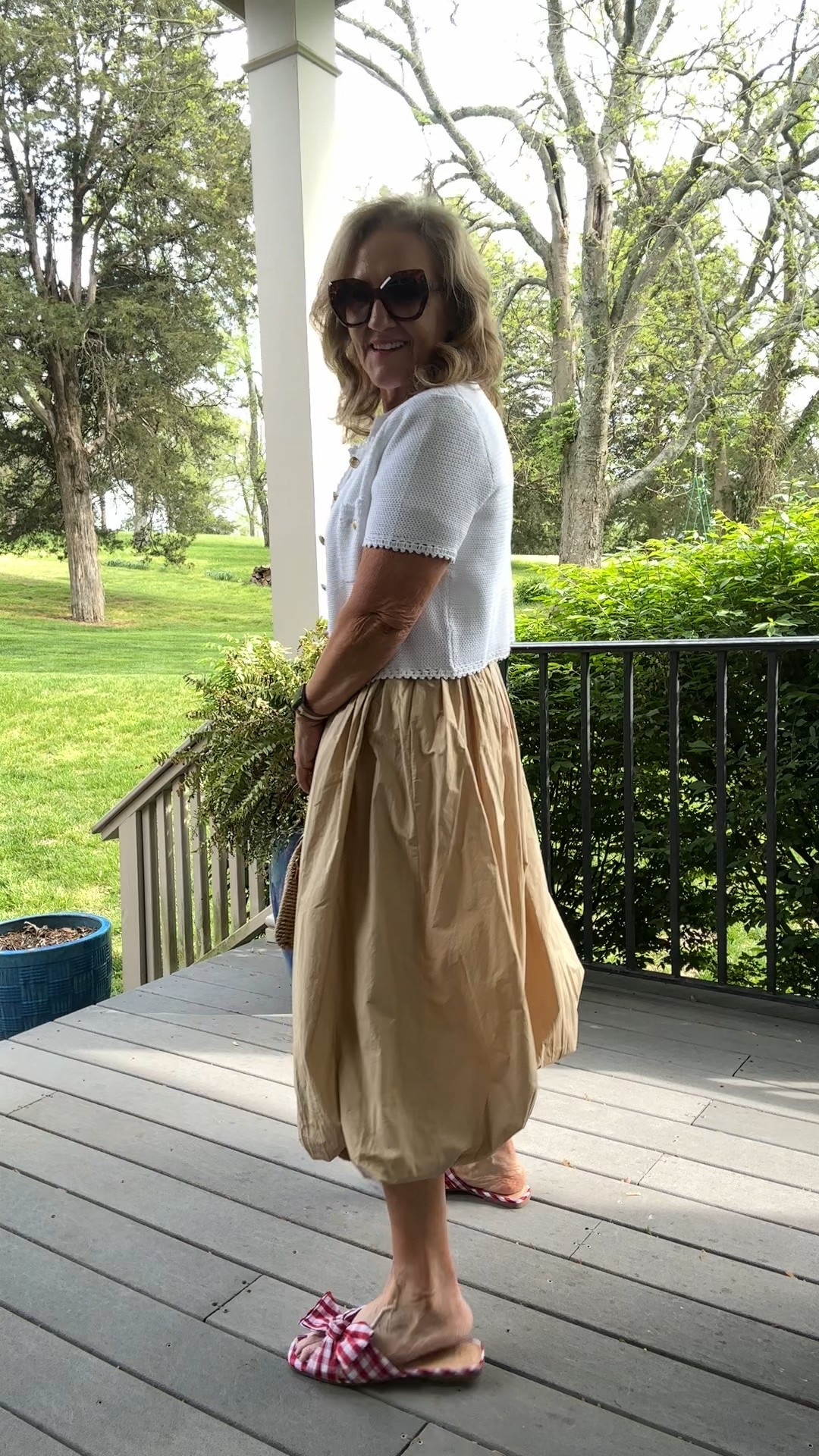 The bubble skirt. It’s so fun. And actually easy to wear! 
Skirt size medium petite. Going to link a couple options in case your size is gone 
White crochet trim sweater size medium 
White quince tee size large 
The cutest gingham slides tts 

#LTKFindsUnder100 #LTKOver40 #LTKWatchNow