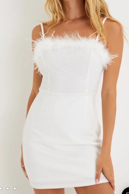 bachelorette dress, white feathered mini dress, white sequin mini dress, sparkly white dress, bridal dress

#LTKfindsunder50 #LTKwedding #LTKsalealert