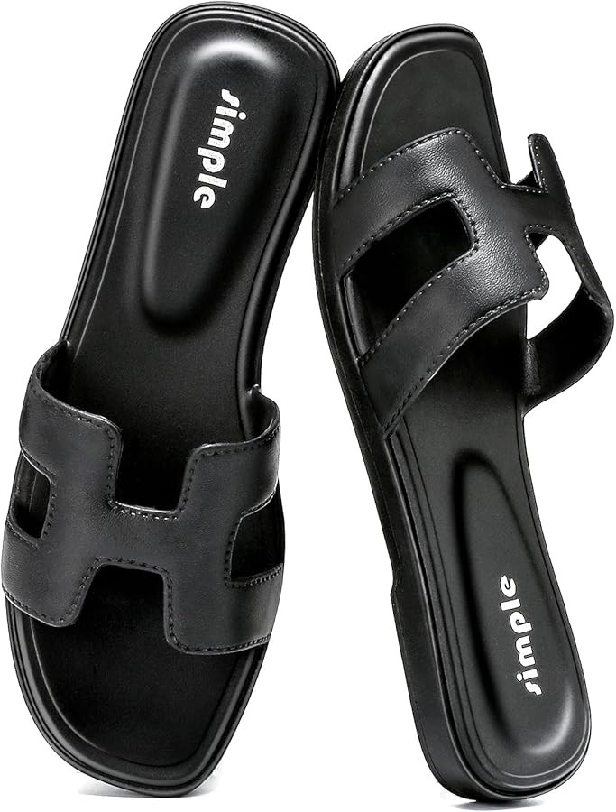 Flat Sandals for Women - Leather H Sandals Open Toe Slip On Slides Sandals Women Dressy Summer fo... | Amazon (US)
