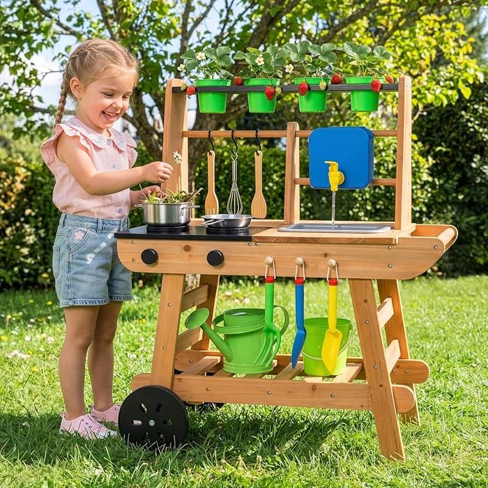 Mud Kitchen for Kids Outdoor with Wheels, Wooden Outdoor Play Kitchen with Removable Sink, Flipab... | Amazon (US)