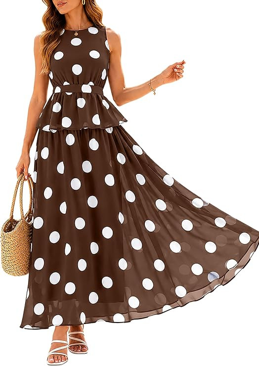 Glamaker Womens 2 Piece Polka Dot Maxi Skirt Set Sleeveless Peplum Top Flowy Matching Outfit for ... | Amazon (US)