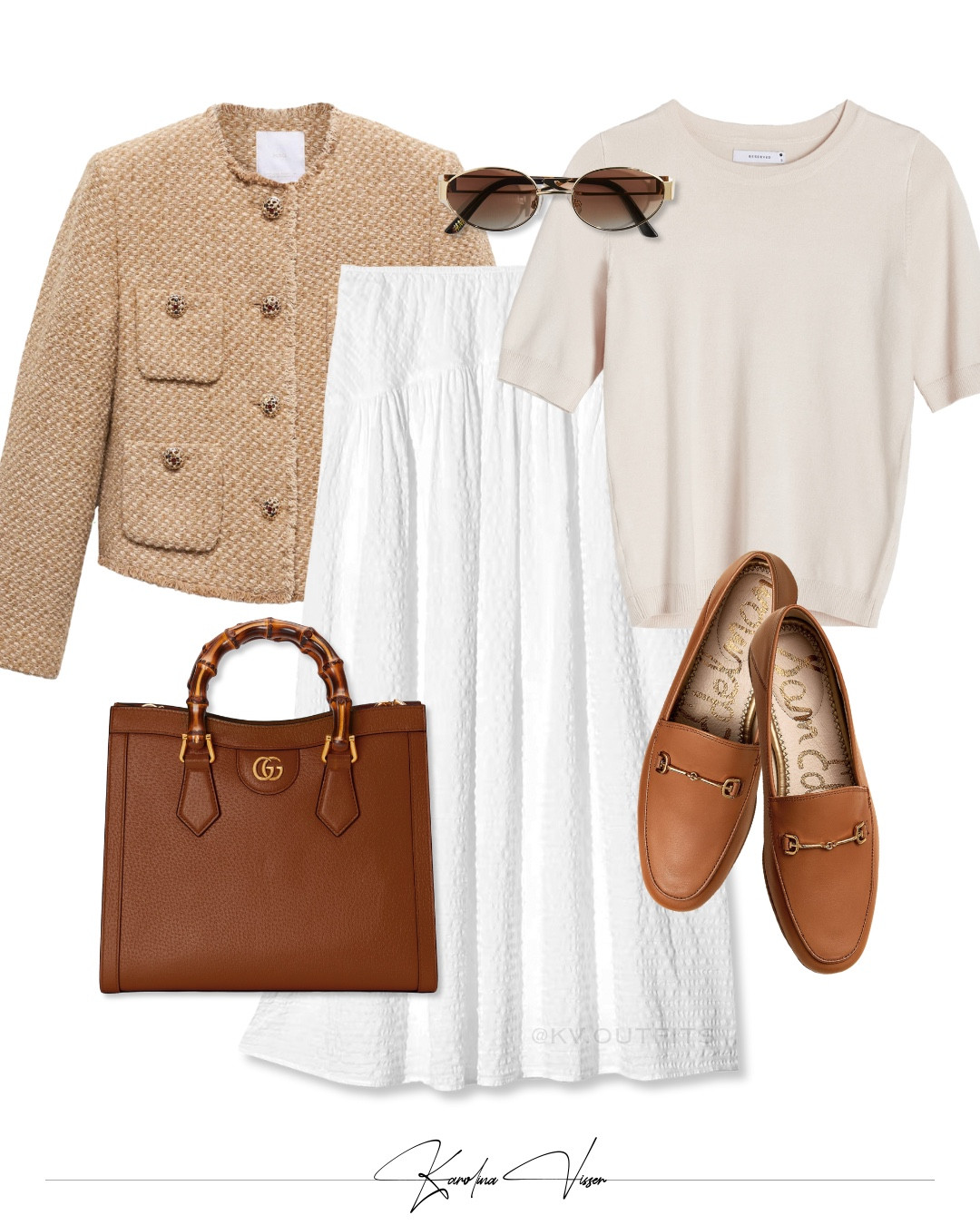 OOTD Knitted top and skirt 🤍🩰

Beige tweed jacket, beige knitted top, white midi skirt, brown leather loafers, brown leather bag. 

Jacket - Mango
Top - Reserved
Skirt - Uniqlo
Shoes - Sam Edelman
Bag - Gucci
Sunglasses - H&M

Tags: beige tweed jacket mango beige knit top reserved white seersucker midi skirt uniqlo brown leather loraine loafers sam edelman brown guccia diana medium bag brown gold frame sunglasses h&m classic style timeless outfit workwear office outfit summer outfit spring outfit neutral style 

#LTKstyletip #LTKsummer #LTKworkwear