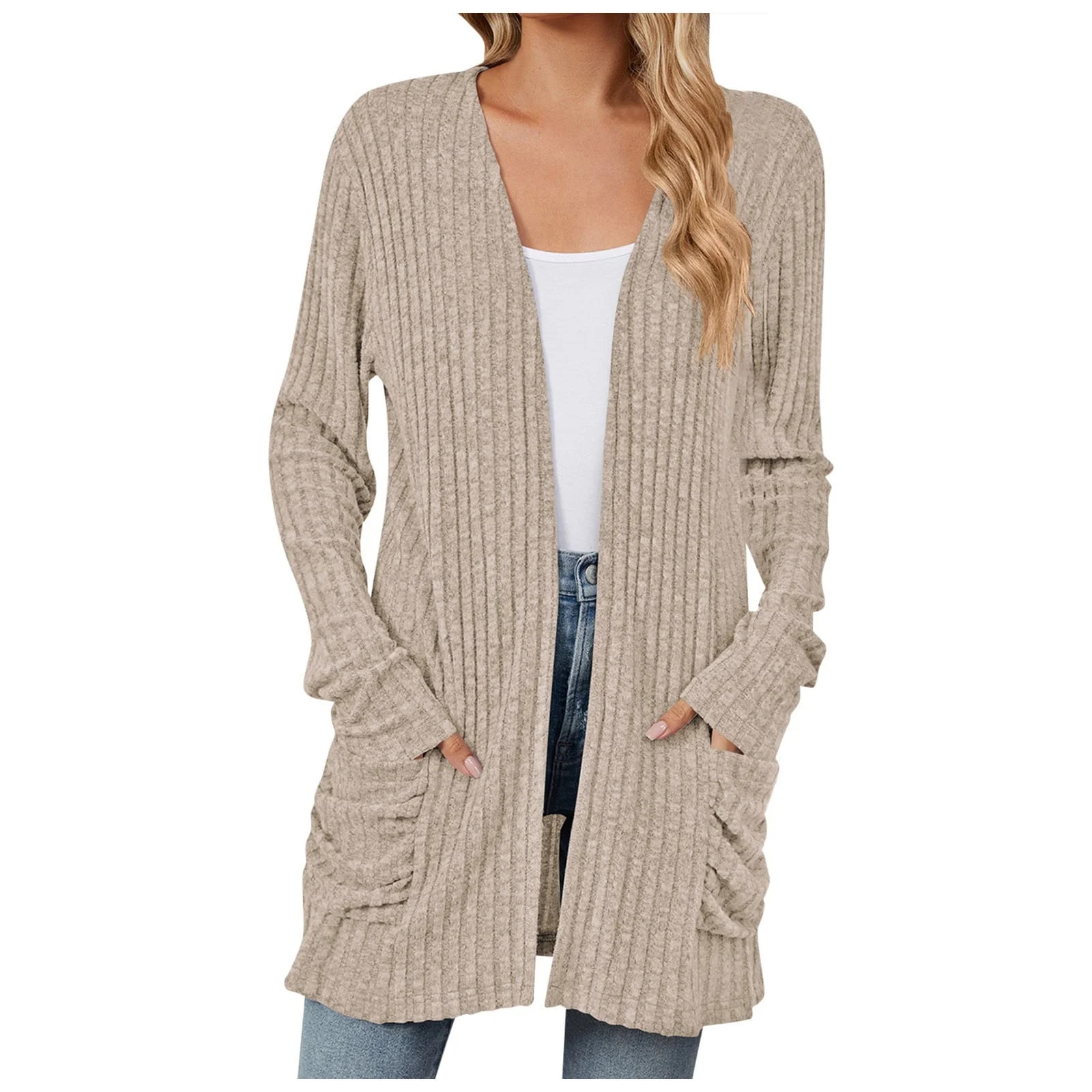 idosla Cardigan Sweaters for Women Fall Open Front Tops Soft Ribbed Knit Ruched Pockets Outerwear... | Walmart (US)