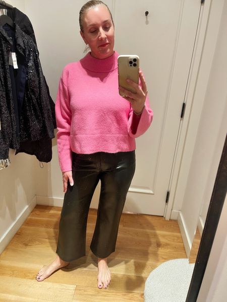 Holiday Outfit from J.Crew:
Black leather pants (loooove these!) + pink turtleneck sweater. We love pink for holidays and can take you into Spring. Both TTS. 

#LTKHoliday #LTKparties #LTKover40