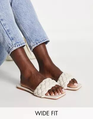 Truffle Collection Wide Fit square toe woven slip on mule sliders in cream | ASOS (Global)