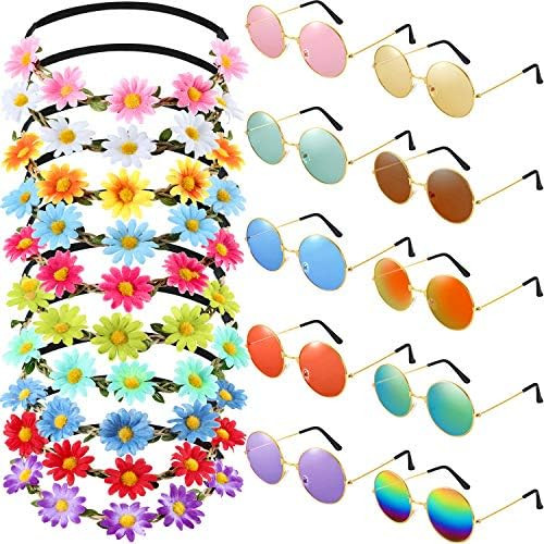 Bememo 20 Pieces Hippie Glasses Headband Costume Set, Includes 10 Pieces Multicolor Girl Lady Daisy  | Amazon (US)