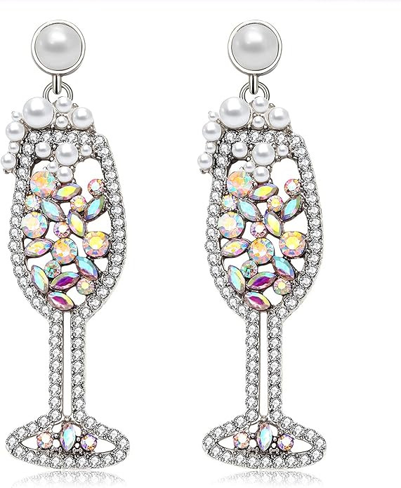 Champagne Wine Glass Earrings-Handmade Champagne Flute Earrings -Charm Rhinestone Crystal Pearl b... | Amazon (US)
