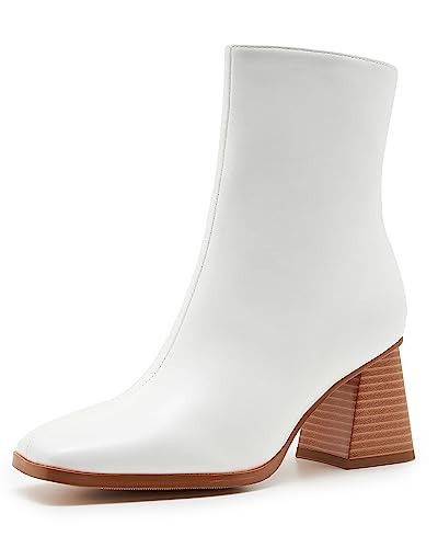 ZXHYZLZ Womens White Chunky High Heel Boots - Zip Up, Square Toe, Ankle Booties Size 9.5 | Amazon (US)