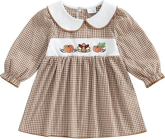 Toddler Girl Thanksgiving Smocked Dress Long Sleeve Peter Pan Collar Turkey Embroidery Striped Dr... | Amazon (US)