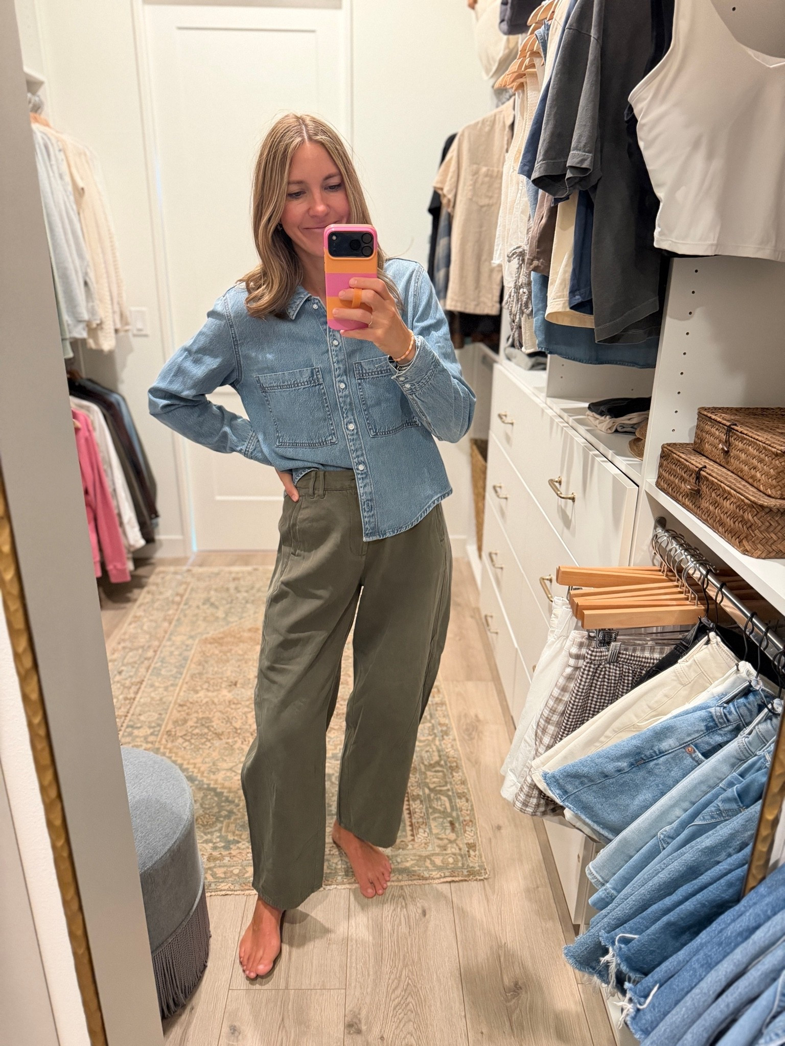 These olive barrel pants are so comfy and cute for fall! I bought my true size and they run big, definitely going to size down. This denim shirt is cute and I sized up one (to a M) for an oversized fit.

#LTKSeasonal #LTKootd #LTKmomlife