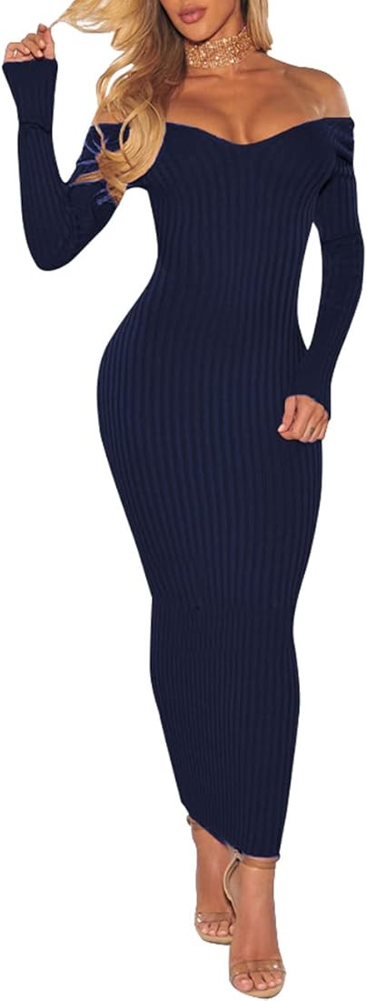 PerZeal Women's Sexy Off Shoulder Long Sleeve Slim Knit Bodycon Ribbed Sweater Dresses Pencil Long D | Amazon (US)