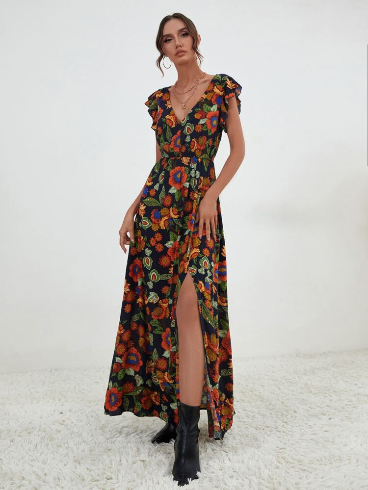 SHEIN VCAY Floral Print Ruffle Trim Split Thigh Dress Without Belt | SHEIN