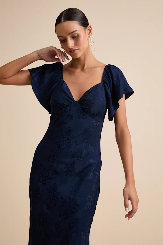 Effervescent Afternoon Navy Satin Flutter Sleeve Midi Dress | Lulus