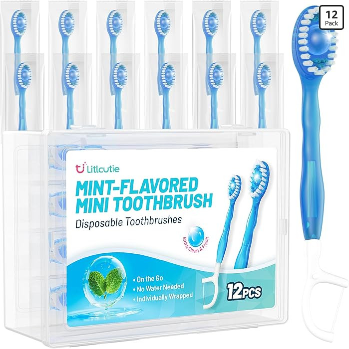 12 Pack 5-in-1 Disposable Mini Toothbrush with Toothpaste + Floss + Pick + Tongue Scraper for Wor... | Amazon (US)