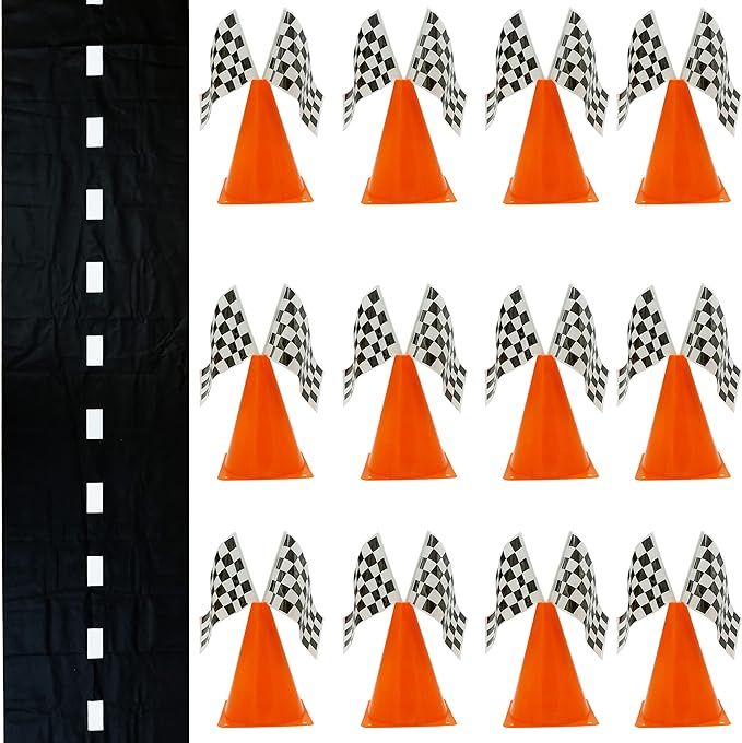 38 Pcs Set - 12 Traffic Cones With Hole on Top, 24 Checkered Flags, Racetrack Floor Runner - for ... | Amazon (US)