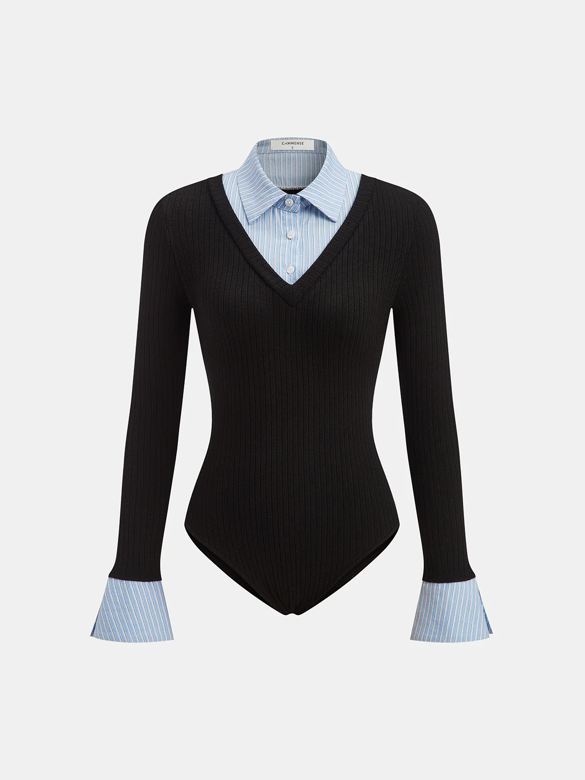 2 in 1 Striped Shirt Panel Ribbed Bodysuit | Commense