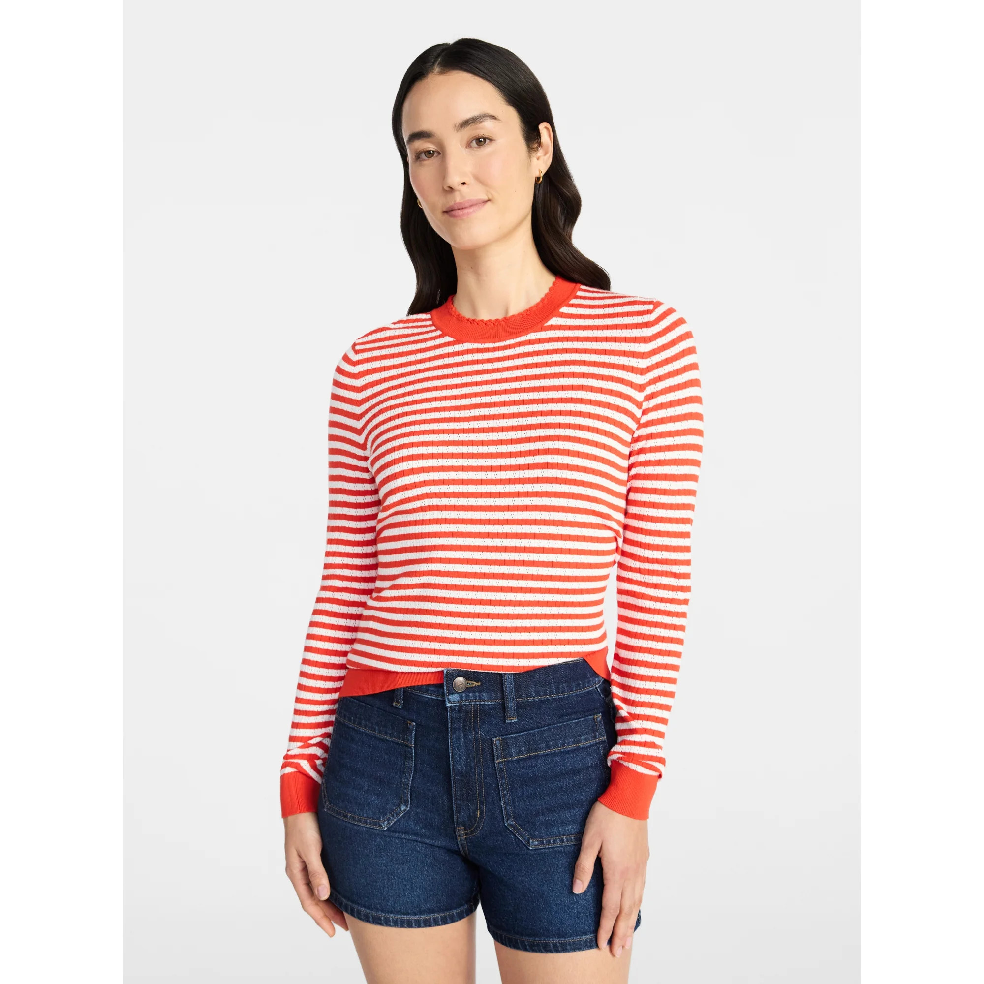 Time and Tru Women's Striped Pointelle Pullover Sweater with Long Sleeves, Midweight, Sizes XS-XX... | Walmart (US)