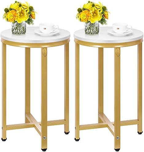 VIVOHOME 16 Inch Set of 2 Round White End Side Coffee Table X-Shaped with Faux Marble Top Gold Frame | Amazon (US)