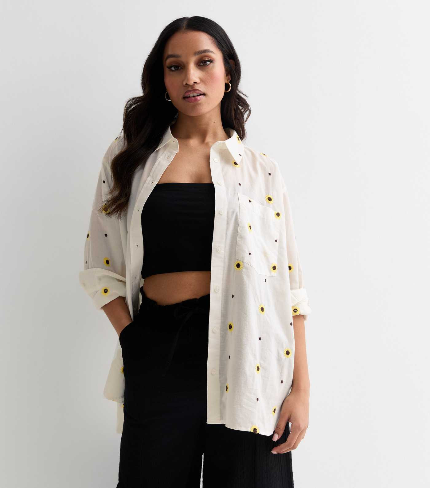 Petite White Cotton Sunflower Embroidered Long Sleeve Shirt | New Look | New Look (UK)