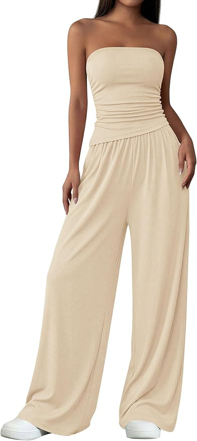 PRETTYGARDEN Womens 2 Piece Set Summer Outfits 2026 Asymmetrical Ruched Tube Top and Wide Leg Pan... | Amazon (US)