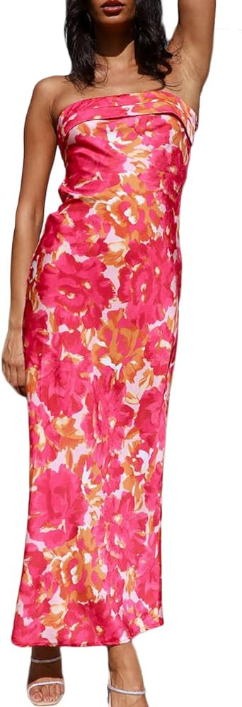 Realtix Satin Silk Backless Tube Tops Maxi Dress for Women Low Back Hollow Out Elegant Strapless ... | Amazon (US)