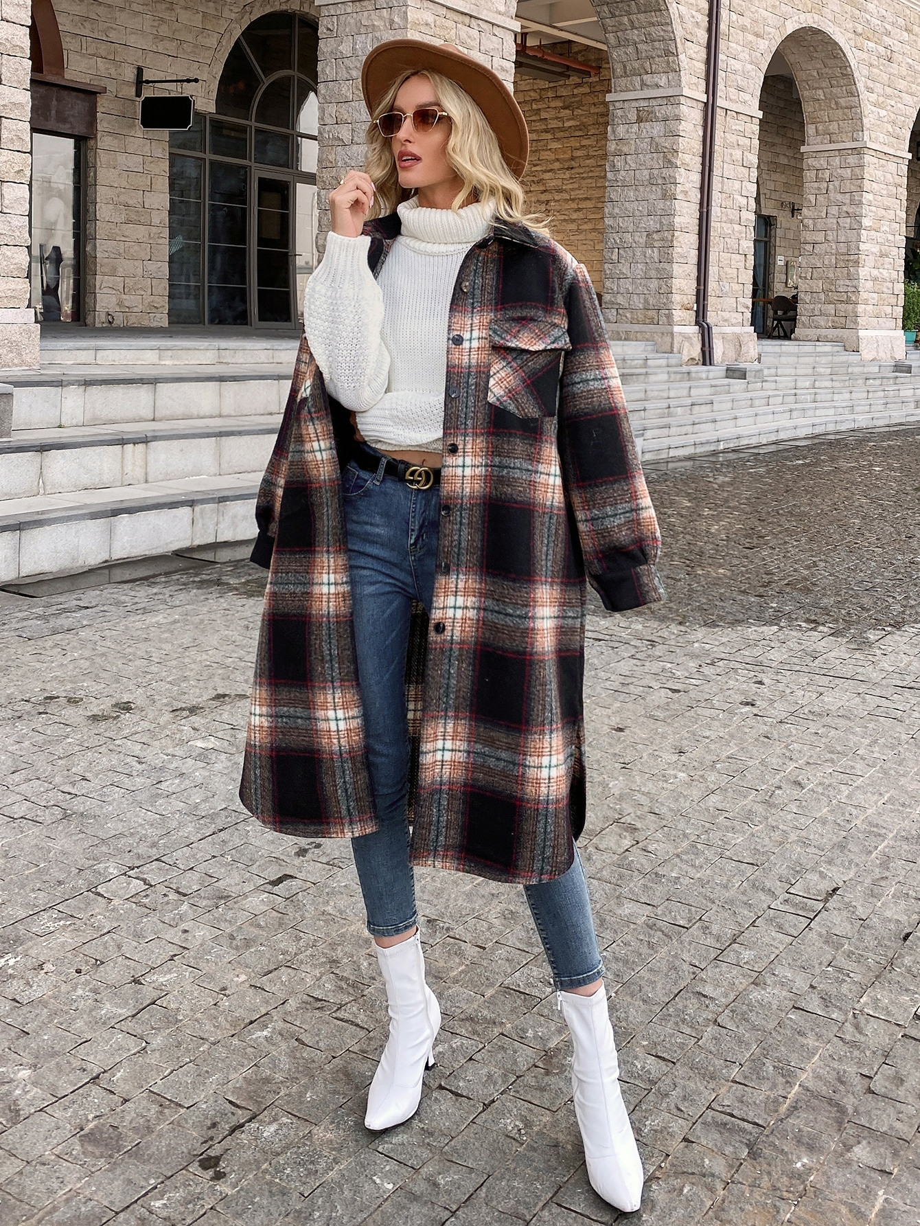 Flap Pocket Plaid Curved Hem Overcoat | SHEIN