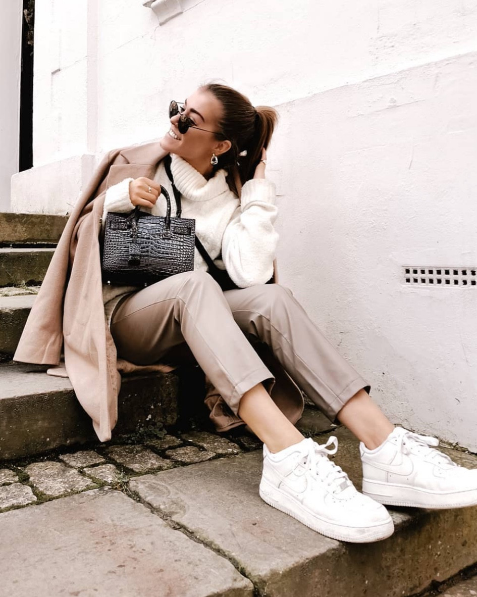 Casual street wear, airforce, Nike, trainers, YSL, Saint Laurent, black handbag, neutral, spring wear, knitwear, cableknit, sunglasses, wool jacket, rollneck

#LTKSeasonal #LTKeurope #LTKFind