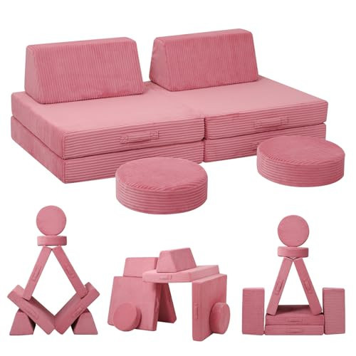 MeMoreCool Kids Couch for Playroom, Corduroy Convertible Toddler Couch, 8 Piece Modular Play Sofa, Foam Fort Building Set for Child Room Furniture, Pink | Amazon (US)
