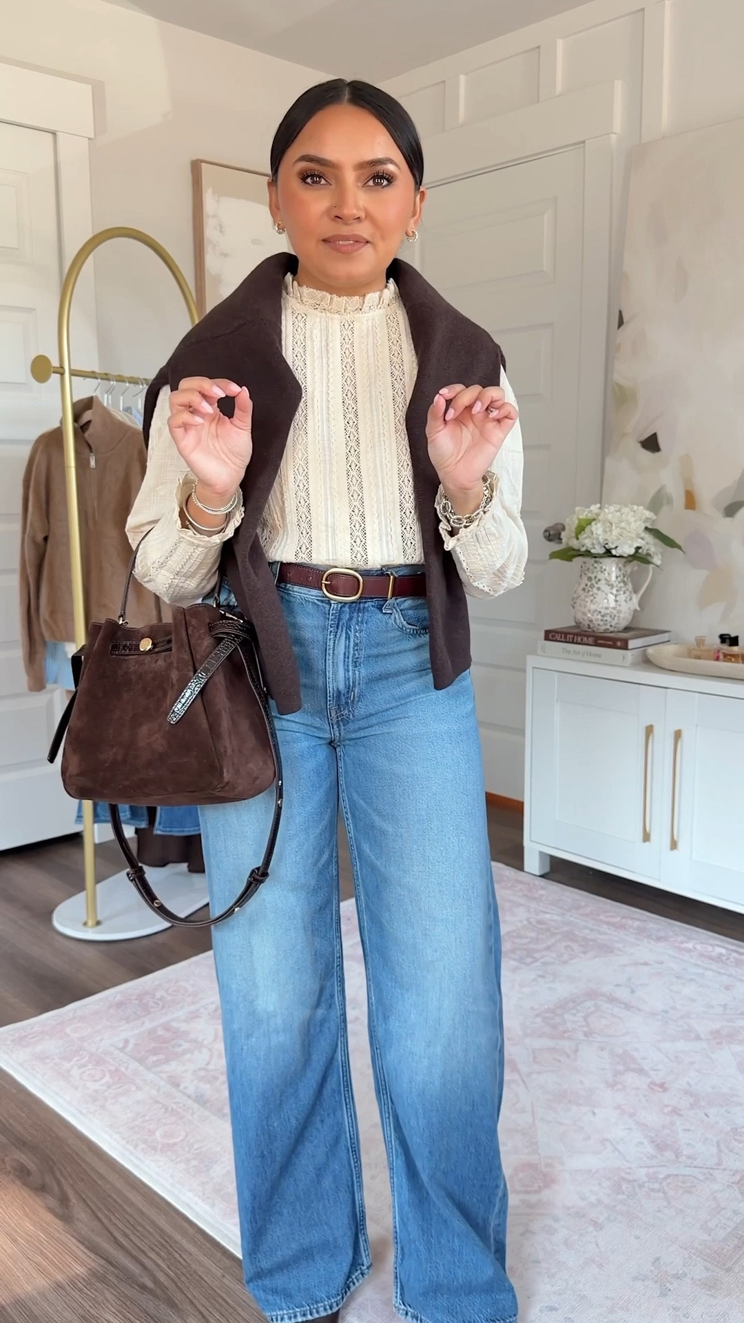 Cream lace top size 2 TTS Brown cardigan size xs petite TTS Baggy jeans in pickett wash size 25 regular - sized down a size in the regular length, comes in petite too! Dark brown boots size 5.5 TTS 

#LTKPetite #LTKootd #LTKFindsUnder100