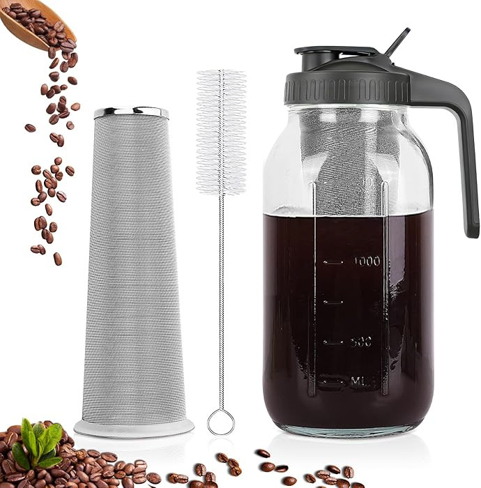 Cold Brew Coffee Maker, 64 oz Mason Jar Pitcher with Stainless Steel Filter, Pour Spout Handle Lid, Airtight & Leak-Proof for Iced Coffee,Tea & Lemonade | Amazon (US)