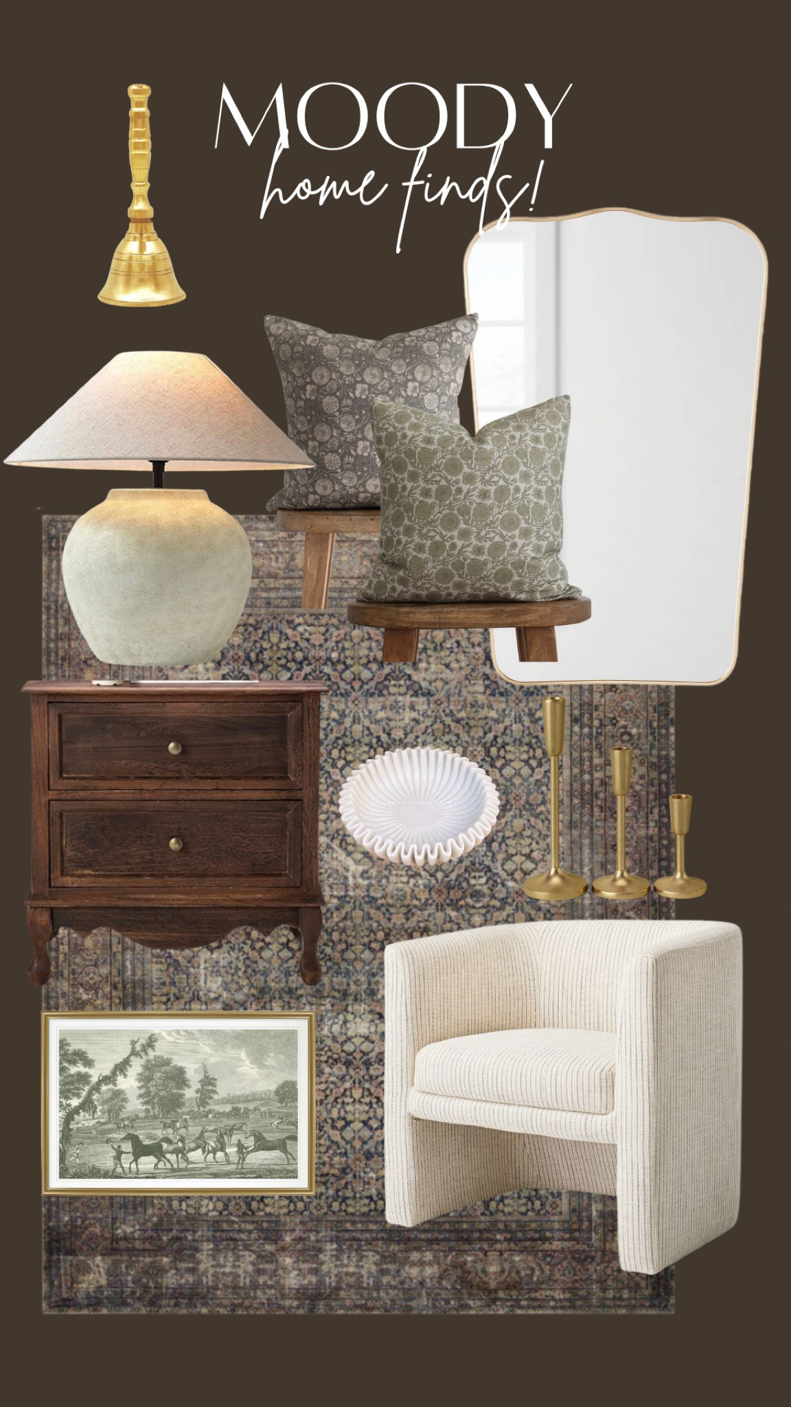 Moody home finds. New woven nook block print pillows. Loloi Morgan Denim rug. Antique print. Accent chair. Antique look nightstand. Mirror.

#LTKhome #LTKSpringSale