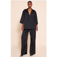 Black Tailored Satin Wide Leg Trousers, Black | PrettyLittleThing UK
