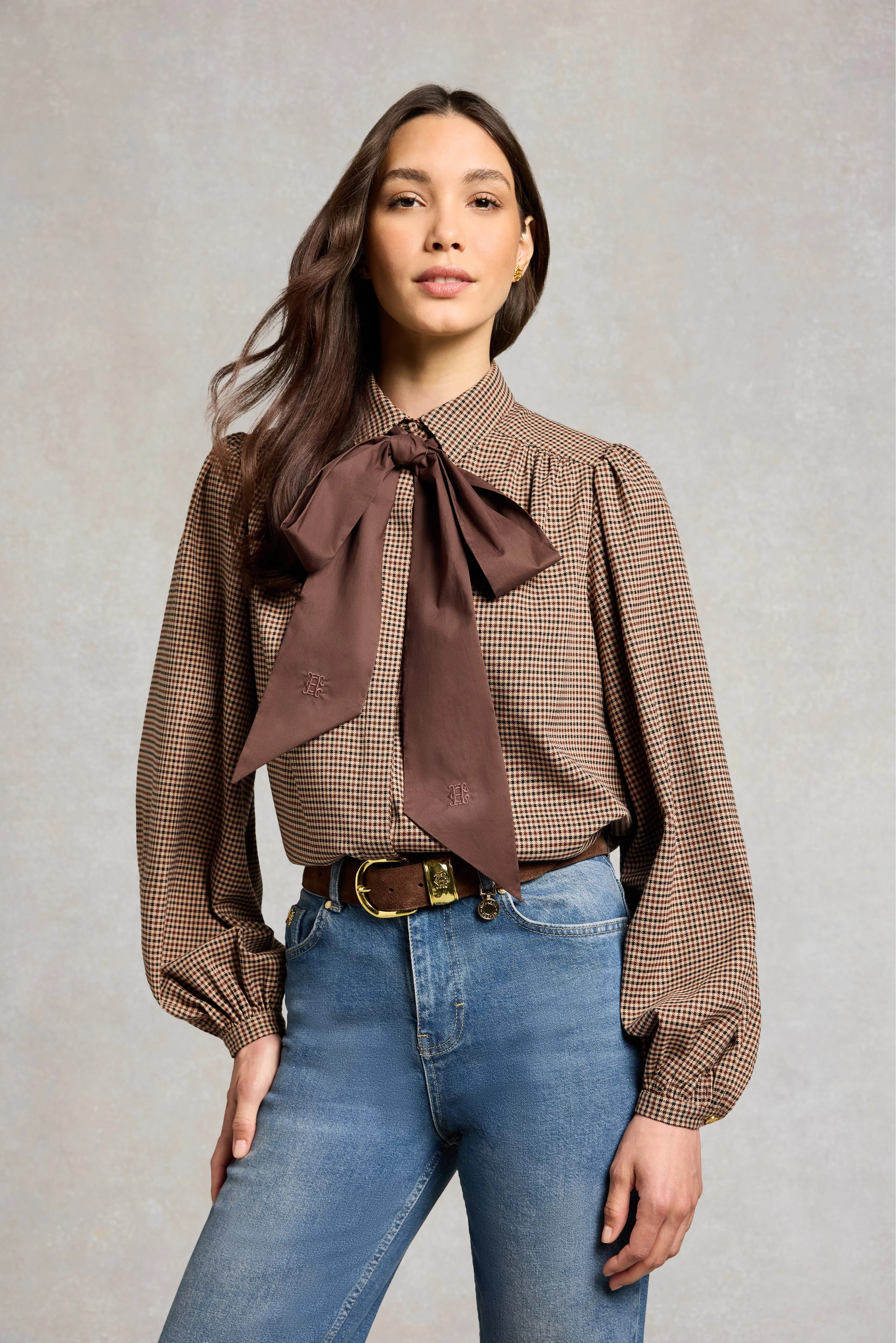 Burford Blouse (Coffee Gingham) | Holland Cooper