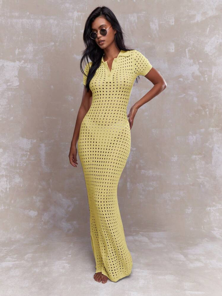 MISSGUIDED Crochet Knit Polo Maxi Dress Vintage Y2K Style Long Beachwear Summer Spring Bodycon Re... | SHEIN