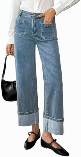 EVALESS Womens Jeans High Waisted Stretchy Cuffed Wide Leg Denim Pants with Pockets | Amazon (US)