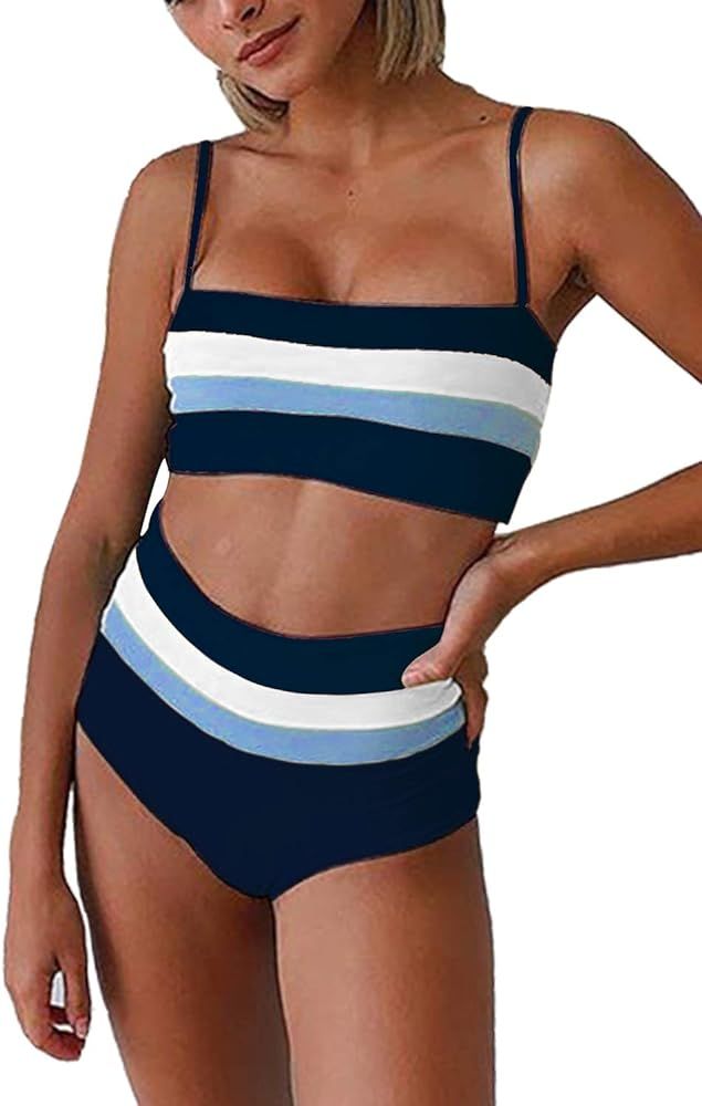 Symptor Women's Contrast Color Beandeau High Waisted 2PCS Swimsuit Bikini Set | Amazon (US)