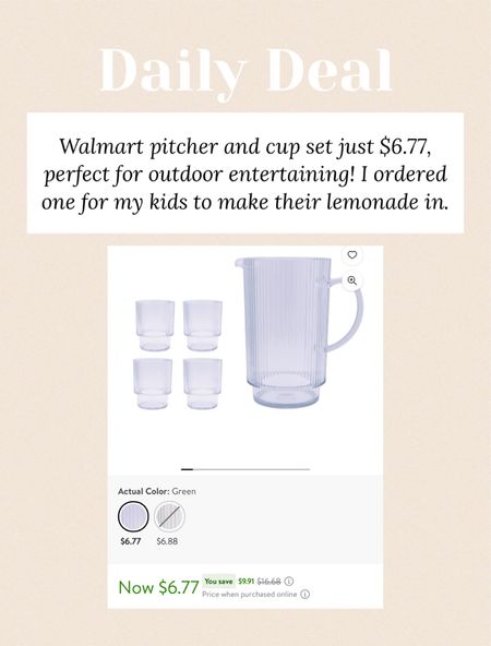 Amazing deal on this pitcher and cup set at Walmart, just $6.77! I ordered this so fast. My husband “borrowed” my last pitcher for his fish tanks—so I do not want it back lol. And my kids are always making lemonade in the summer (it’s their workaround for my “no juice policy” lol, they are very resourceful!) #deal #steal #summer outdoor entertaining home decor kitchen finds 

#LTKhome #LTKsalealert #LTKfindsunder50