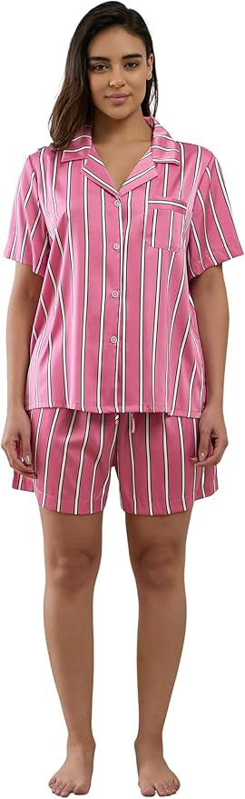 Womens Silk Satin Shorts Pajamas Set Button Down 2 Piece Pjs Short Sleeve Oversized Sleepwear wit... | Amazon (US)