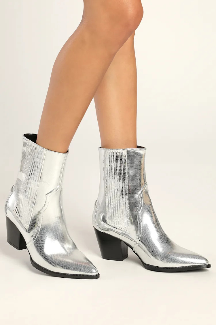 Vaylyn Silver Pointed-Toe Mid-Calf Boots | Lulus (US)